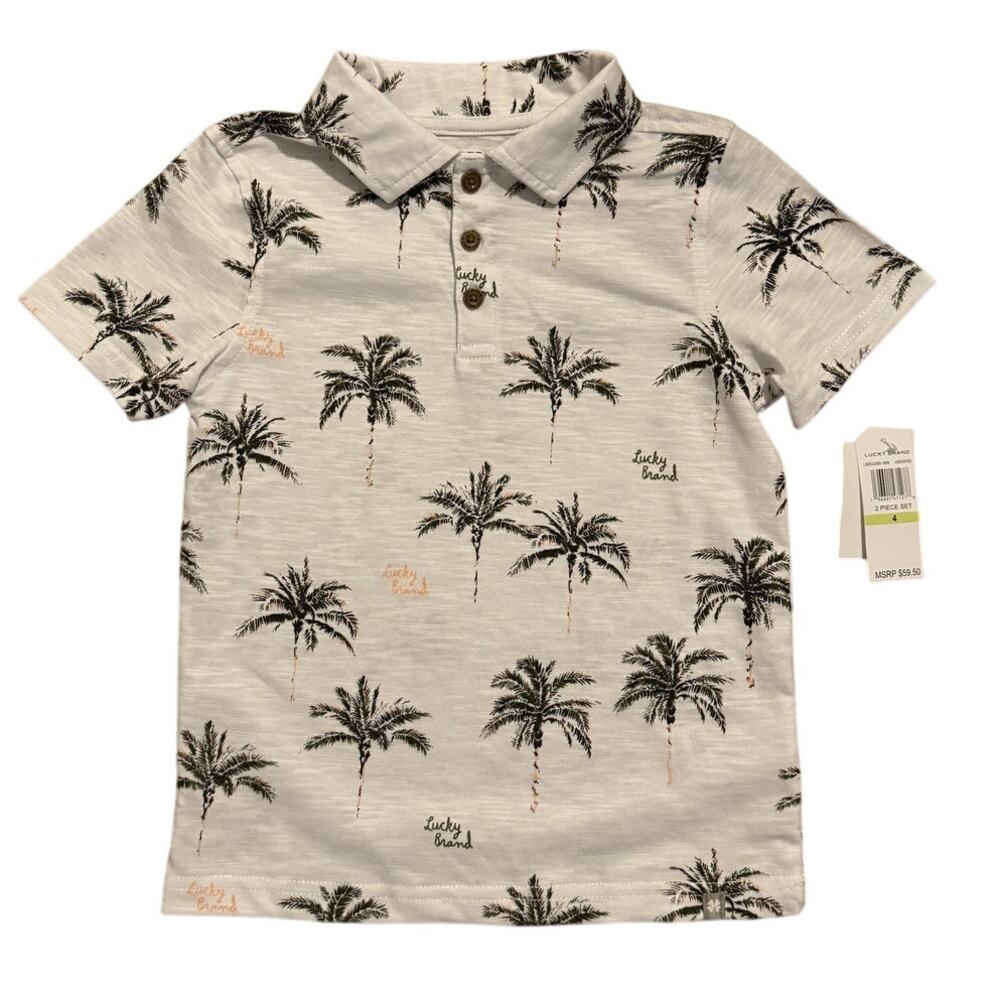 Lucky Brand Kinds Boys White Palm Tree Print Short Sleeve Polo Shirts Size 4 NWT